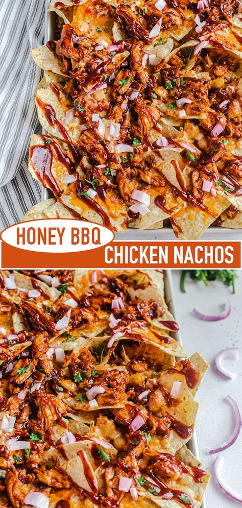 Smoked Nachos, Bbq Chicken Nachos Recipe, Bbq Nachos, Bbq Chicken Nachos, Bbq Party Food, Chicken Nachos Recipe, Sweet Bbq Sauce, Nachos Recipe Easy, Honey Bbq Chicken