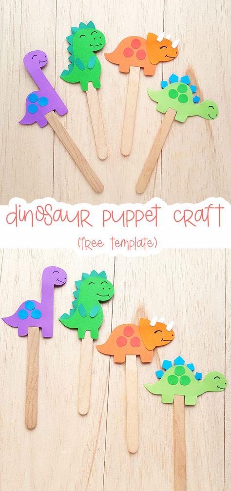 Dinosaur Puppet Craft (Free Template) Dinosaur Craft Activities, Dinosaur Suncatcher Craft, Dino Template Free Printables, Dinosaur Theme Preschool Crafts, Dino Crafts Toddlers, Dinosaur Craft For Toddlers, Dinosaur Templates Free Printable, Dinosaur Arts And Crafts, Dinosaur Crafts For Toddlers