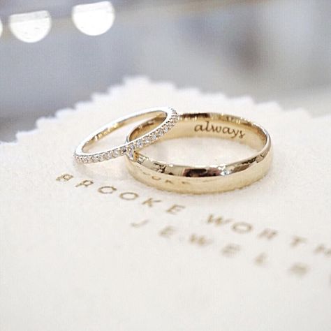 BROOKE WORTHINGTON on Instagram: “always ❤️ . . . #howheasked #engaged #theknot #theknotrings #loveauthentic #weddingseason #weddingchicks #loveintentionally #stylemepretty…” Complementary Interior, Custom Bridal, Mens Wedding Bands, Wedding Men, Wedding Season, Style Me Pretty, Wedding Band, Solid Gold, Wedding Bands