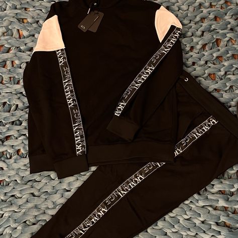 New With Tags A/X Armani Exchange Men’s Black Tracksuit 2pc Pullover Hoodie And Drawstring Pants Black With Logo Strip Along Sides Size Large Retail $260 Armani Tracksuit, Designer Tracksuits, Stylish Mens Suits, Black Tracksuit, Slim Joggers, White Joggers, Armani Exchange Men, Track Suit Men, Jogging Suit