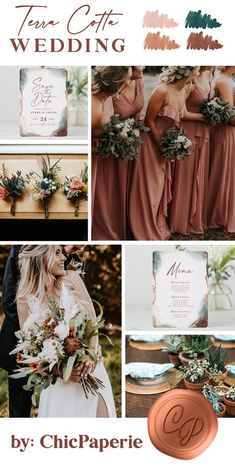 Rustic Wedding Decor Colors, Terracotta Wedding Palette, Earth Tone Wedding Theme, Rustic Wedding Color Schemes, Terra Cotta Wedding, Watercolor Wedding Invitation Suite, Fall Wedding Color Schemes, Rustic Wedding Colors, Wedding Color Pallet