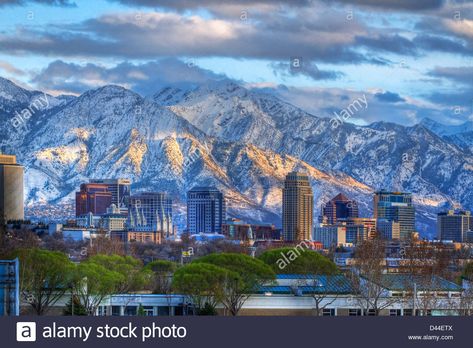 Download this stock image: Panoramic view of the downtown Salt Lake City skyline in early spring with the snow capped Wasatch Mountains in the background - D44ETX from Alamy's library of millions of high resolution stock photos, illustrations and vectors. Luis Tattoo, The Wave Arizona, Salt Lake City Temple, Utah Skiing, Salt Lake City Downtown, Usa Roadtrip, Zone 7, Arizona Road Trip, Utah Usa