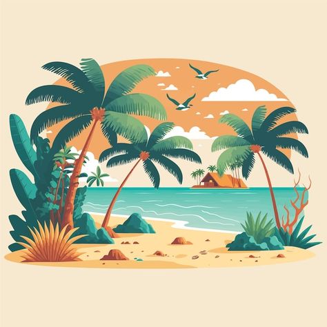 Tropical summer beach ocean sunset and s... | Premium Vector #Freepik #vector #sun-beach #island #paradise #beach Island Illustration Art, Summer Vector Art, Tropical Beach Illustration, Tropical Island Illustration, Illustration Art Beach, Beach Sunset Illustration, Beach Illustration Art, Summer Illustration Design, Summer Beach Illustration