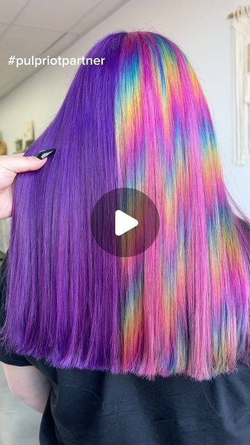 Briauna Conino on Instagram: "She’s EDC ready thanks to @pulpriot! #pulpriotpartner Colors used for the rainbow- Velvet, Cupid, Nuclear, Satire, Area 15 and Blue Muse! . . . #mermaidhair #pulpriot  #pulpriothair #framar #unicornhair #rainbowhair #lasvegas #behindthechair #lasvegashairstylist #hendersonhairstylist #chunkyhighlights #prism" Rainbow Hair Color Placement Diagram, Rainbow Prism Hair, Prism Hair Color, Rainbow Hair Highlights, Prism Hair, Bad Wigs, Color Me Badd, Holographic Hair, Chunky Highlights