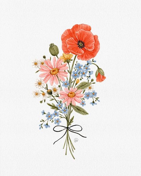 Poppy Flower Bouquet, Flower Bouquet Drawing, Posy Flower, Flower Bouquet Tattoo, Wildflower Drawing, Flores Tattoo, Poppy Bouquet, Flower Boquet, Bouquet Tattoo