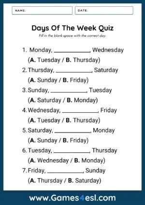 Days Of The Week Quiz | Games4esl Miss Monday, 7 Days Of The Week, English Day, Vocabulary Exercises, Grammar Exercises, Online Quizzes, Vocabulary List, Teaching And Learning, Days Of The Week