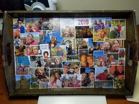 This decoupage photo collage album serving tray is easy to make. Start by printing your photos on regular computer paper, not photo stock. Clean your tray with Windex and then attach the photos with Mod Podge, first applying it to the tray, attaching the picture and then coating the top. You can stop at any time and let it dry, then add more. When finished put a top coat of Mod Podge over the entire collage and let dry a few days, then you can seal it with clear acrylic finish. Have Fun! Modge Podge Collage, Mod Podge Magazine Collage, Midge Podge Pictures On Wood, Mod Pog Pictures On Wood, Decoupage Coasters With Photo, Photo Tray, Creative Diy Gifts, Computer Paper, Mod Podge