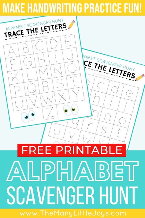 "Trace the alphabet" scavenger hunt (upper and lowercase) - The Many Little Joys Alphabet Scavenger Hunt, Trace The Alphabet, Letter Hunt, Cursive Letters Alphabet, Pumpkin Games, Letter Learning, Free Homeschool Printables, Abc Activities, Preschool Letters