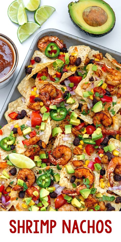 Shrimp Nachos -- These Shrimp Nachos bring a fresh twist to a classic snack, combining perfectly seasoned shrimp with crispy tortilla chips, cheese, and lots of colorful veggies for a snack or meal that's easy to prepare and fun to share. The fully loaded nachos can be customized to your own tastes and the ingredient options are endless! via @wearenotmartha Shrimp Nachos, Shrimp Snacks, Nacho Taco, Seasoned Shrimp, Breakfast Nachos, Colorful Veggies, Impressive Appetizers, Loaded Nachos, Shrimp Skewers