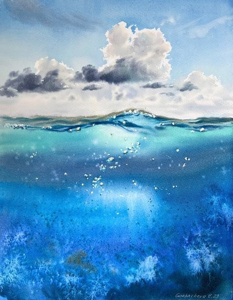 Paintings Easy, Underwater Painting, Watercolor Paintings For Beginners, Art Watercolor Painting, Watercolour Inspiration, Realism Painting, Painting Medium, Cloud Painting, Watercolor On Paper