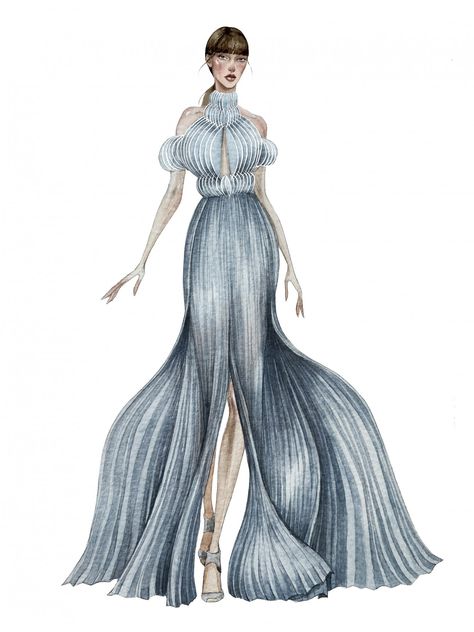 Iris Van Herpen Fashion Illustration, Fashion Garment Illustration, Iris Van Herpen Sketches, Iris Van Herpen Illustration, Party Wear Illustration Sketches, Iris Van Herpen Sketchbook, Garment Sketches, Ocean Fashion Design, Architecture Fashion Design