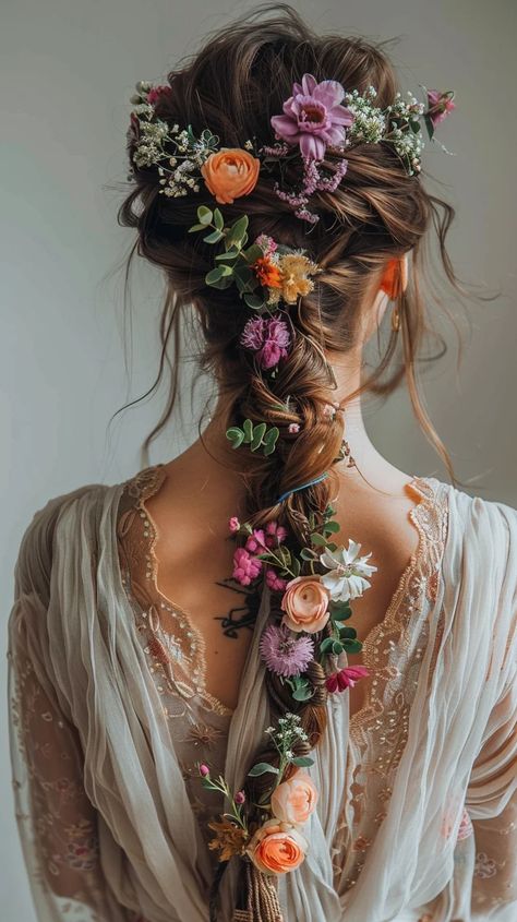 Hairstyle Boho Wedding, Wedding Hairstyles For Long Hair Flowers, Hobbit Wedding Hair, Bridal Braid With Flowers, Curly Hairstyles Flowers, 1970s Wedding Hair, 70s Wedding Hairstyles, Hairstyles With Real Flowers, Alternative Wedding Hair