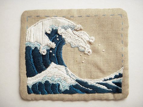 "The Wave" embroidered Wave Embroidery, The Great Wave, Paper Embroidery, Japanese Embroidery, 자수 디자인, Art Textile, Hand Embroidery Patterns, Embroidery Inspiration, Diy Embroidery