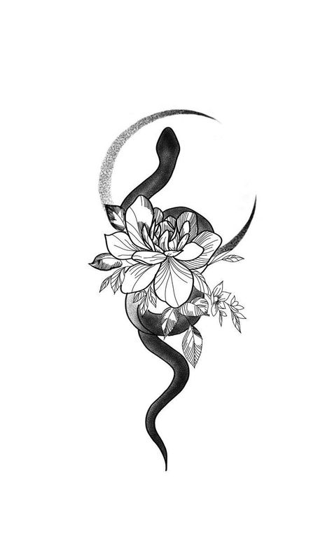 Snake Rose Moon Tattoo, Snake And Hibiscus Tattoo, Small Dog Tattoos, Purple Tattoos, Serpent Tattoo, Hibiscus Tattoo, Bestie Tattoo, Snake Tattoo Design, Tasteful Tattoos