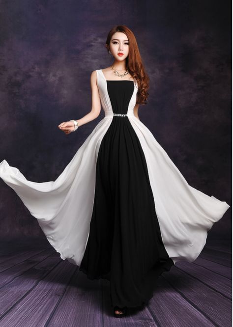 black white joint dress flare maxi  #black -  #joint -  #white Aesthetic Prom Dress Vintage, Fancy Prom Dress, Aesthetic Prom Dress, Prom Dress Vintage, Western Dresses For Girl, Black White Maxi Dress, Outfits For Work, Long Gown Dress, Korean Fashion Dress