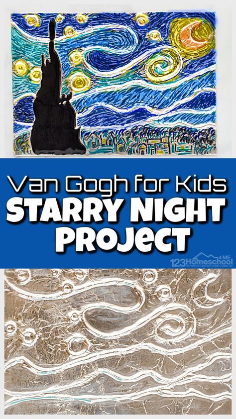 Starry Night Kindergarten Art, Art For Grade 5 And 6, Start Of The Year Art Projects, Art For 3rd Grade Students, March Elementary Art Projects, Hands On Art Projects For Kids, Van Gogh Art Projects For Kids, Starry Night Kids Art, Art Projects For 3rd Grade