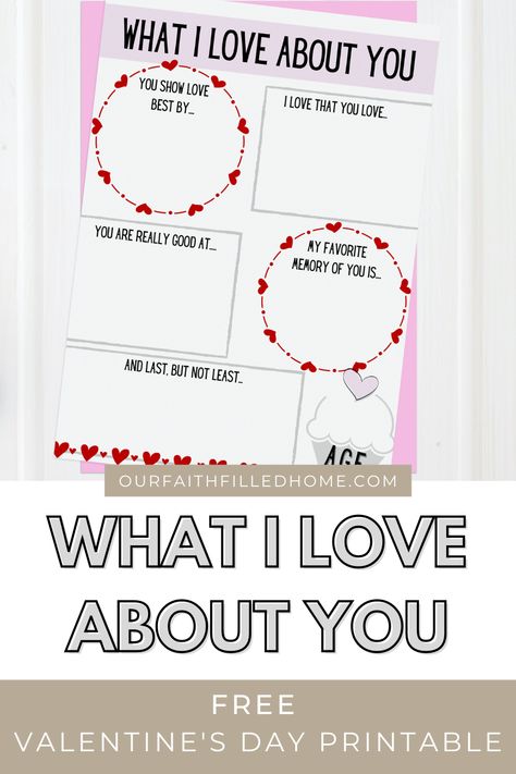 What I love about you is a free Valentine's Day printable that comes in two color options. Free Valentine's Day activity for preschoolers or any age child. We love to sit down for Morning Baskets and work one worksheets like this together. This printable is perfect for a Valentine's Day themed morning basket! Morning Baskets, Valentine Worksheets, Cute Valentines Day Ideas, What I Like About You, Valentine Poster, Christian Valentines, Reasons Why I Love You, Love You Messages, Preschool Valentines