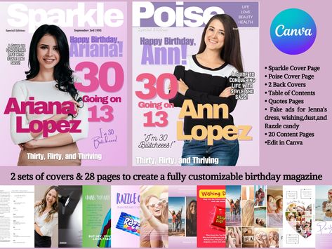 Full Magazine ,13 Going on 30 Party Decor, Poise, Sparkle Magazines and Covers Template,, THIRTY, FLIRTY & THRIVING Parody Magazine Cover, - Etsy 30 Party Theme, 13 Going On 30 Party, Magazines Cover, Custom Magazine, Template Images, Contentment Quotes, 13 Going On 30, 30th Party, Go For It Quotes