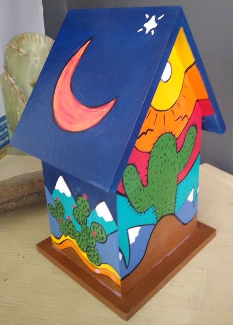 Hand Painted Birdhouses Ideas, Bird Houses Diy Painted, Church Birdhouses, Birdhouse Painting, Painted Birdhouses, Granny Chic Decor, Birdhouse Ideas, Hand Painted Birdhouses, Money Art