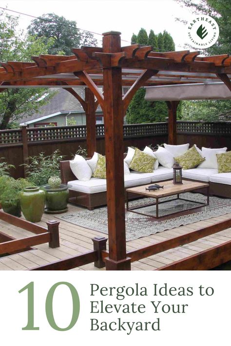 Pergolas add structural elegance to yards and gardens. Not only that, they enhance functionality and ambiance of any space. That’s why adding a pergola to our backyard oasis is next on our list: it will round off our aesthetic goals while also providing shade in the heat of summer. Add in an optional rain cover, and we’ll also extend our patio’s use in our Pacific Northwest climate. If you have pergola goals too, check out these 10 ideas to inspire your pergola project. Pergola Decoration Ideas, Large White Pergola, Pergola Eating Space, White Pergola With Vines, Firepit Pergola With Swings, Dark Brown Pergola, Backyard Sanctuary, Pergola Ideas, Design Basics