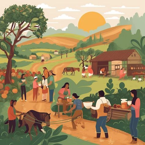 Photo a colorful illustration of people ... | Premium Photo #Freepik #photo #farmer #agriculture #farmer-illustration #farmer-farming Farm Illustration Art, Indian Farmer Illustration, Agriculture Illustration, Farming Illustration, Farming Art, Farmer Illustration, Agriculture Art, Farmer Painting, Agriculture Photos