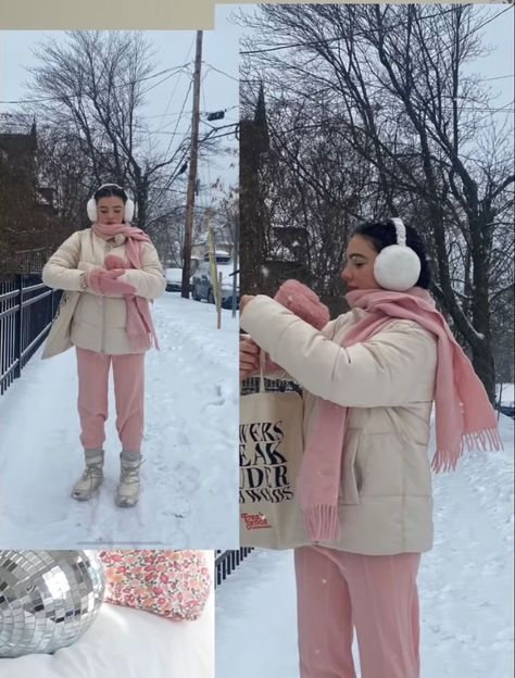 Cute Feminine Winter Outfits, Pink Winter Accessories, Pink Cold Outfits, Winter Outfits Essentials, Gigi Mw Outfits, Hyper Feminine Aesthetic Outfits Winter, Pink Outfits Cold, Warm Coquette Outfit, Winter Outfits Soft Girl