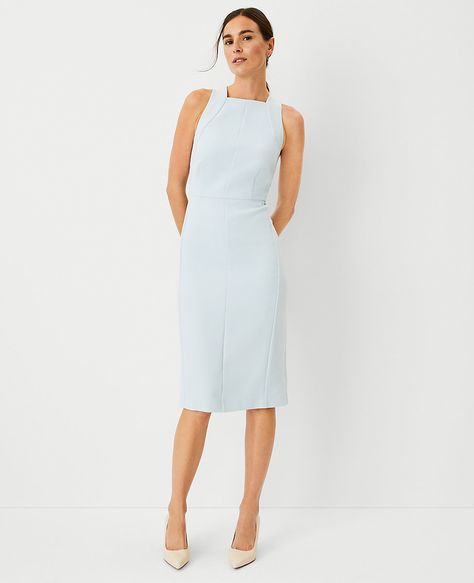 Petite Halter Sheath Dress Graduation Outfits For Mothers, Doctor Outfit, News Reporter, Boat Neck Dress, Knitted Suit, Blue Sleeveless Dress, Graduation Outfit, Ann Taylor Dresses, Sleeve Dresses