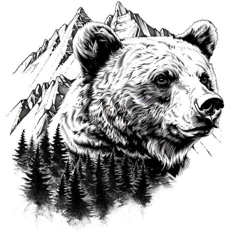 Bear Tattoo Women, Bear Mountain Tattoo, Bear Ink Drawing, Black Bear Tattoo, Left Arm Tattoos, Bear Tattoo Designs, John Wayne Movies, Forest Tattoos, Jesus Tattoo