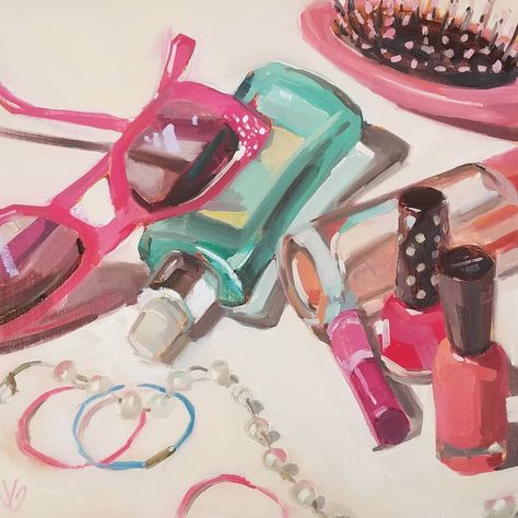 Jessica Green on Instagram: “My Girly. 12x12" Oil #girly #pink #pinkpaintings #stilllife” Gcse Art Collections, The Everyday Art, Girly Aesthetic Art, Painting On Objects Ideas, Girly Objects, Nostalgia Drawing, Textiles Portfolio, Pink Objects, Objects Aesthetic