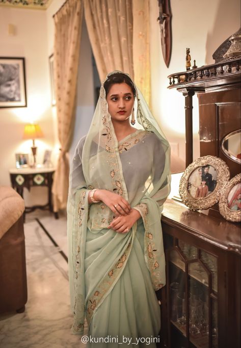 Indian Royal Look In Saree, Chiffon Saree Aesthetic, Rajasthani Saree Draping, Rajputi Saree Fashion Styles, Rajputani Saree, Rajputi Style Saree, Darbari Saree Look, Rajputi Chiffon Saree, Chiffon Rajputi Sarees