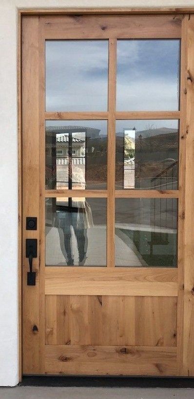 Garage Entry Door Farmhouse, French Front Doors Farmhouse, Single Front Door Ideas Farmhouse, Wood Front Doors Entrance, Wood Front Door With Glass Panel, Barndominium Single Front Door, Glass Front Door Single, Brown Farmhouse Door, Wood Front Door With Glass