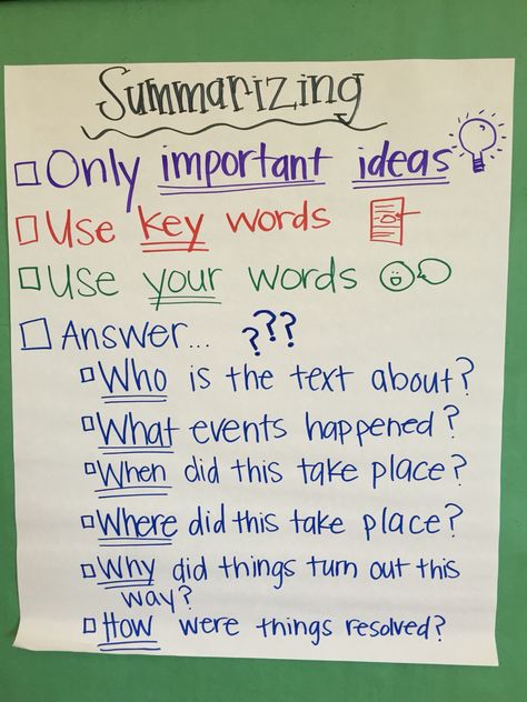 Summarizing anchor chart Summarize Anchor Chart, Writing A Summary Anchor Chart, How To Summarize An Article, Summarize Nonfiction Anchor Chart, Anchor Chart Summarizing, Summary Anchor Chart Middle School, Summarize Anchor Chart 4th Grade, Summarize Fiction Anchor Chart, Summarizing Anchor Chart Nonfiction