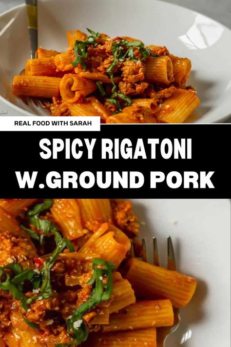 Most of the ingredients in this spicy rigatoni recipe, you will probably already have at home. This ground pork pasta dish is the easiest and best weeknight meal! Ground Pork Pasta, Ground Pork Sausage Recipes, Creamy Tomato Pasta Sauce, Spicy Rigatoni, Rigatoni Recipe, Pork Pasta, Pork Sausage Recipes, Rigatoni Recipes, Ground Pork Recipes