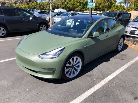 Matte Green Car, Green Tesla, Cars Junior, Light Forest Green, Model 3 Tesla, Matte Cars, Light Forest, Tesla Interior, Car Paint Jobs