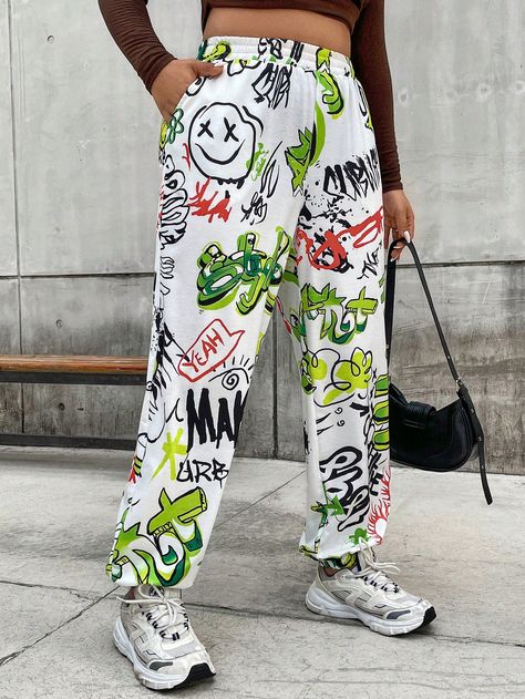 Multicolor  Collar  Knitted Fabric Cartoon,Letter Jogger Embellished Slight Stretch  Women Plus Clothing Sweatpants Diy, Graphic Pants, Plus Size Sweatpants, Custom Sweatpants, Graphic Pant, Pocket Sweatpants, Streetwear Jeans, Man Clothing, Street Graffiti