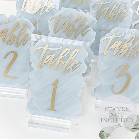 Table Numbers Wedding Acrylic, 4x6, Wedding Signs, Table Numbers, Painted Back Sign, Black Silver White Rose Gold Font Calligraphy - Etsy Buffet Signage, Acrylic Calligraphy, Blue And Gold Wedding, Wedding Table Number Signs, Baby Blue Weddings, Acrylic Table Numbers, Blue Wedding Decorations, Acrylic Table Number, Light Blue Wedding