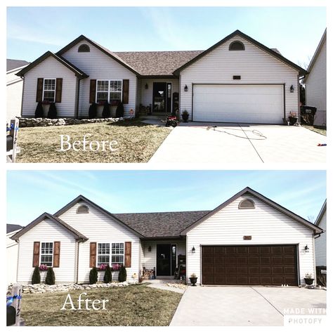 Brand new garage door for 20.00 in gel stain. Dark Brown Garage Doors White House, House With Brown Garage Door, White House Brown Garage Door, Brown Garage Doors, White House Garage Door Colors, Metal Siding House, Brown Garage Door, Garage Door Lights, Garage Door Trim