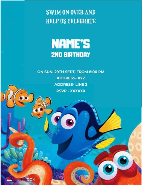 Nemo Birthday Invitations, Dory Birthday Party, Finding Dory Birthday, Finding Nemo Birthday, Nemo Birthday, Online Invitation Card, E Invitation, E Invite, Finding Dory