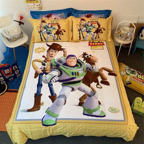 Nuosende Toy Story Sherif Woody Buzz Lightyear Cartoon Bedding Set Boys Girls Kids 100% Cotton Duvet Cover and Pillow Cases and Flat Sheet - Boys - 4 Pieces - Queen