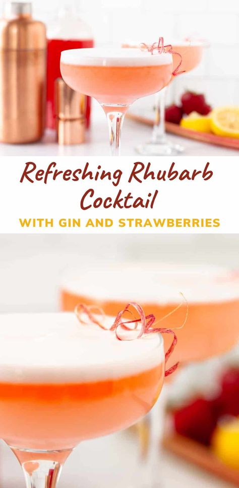 This rhubarb cocktail with gin is bright, refreshing, and super seasonal. Made with a strawberry rhubarb simple syrup, it's the perfect cocktail for a late spring or early summer gathering! Strawberry Rhubarb Simple Syrup, Summer Gathering Ideas, Rhubarb Simple Syrup Cocktail, Strawberry Rhubarb Cocktail, Rhubarb Bitters Cocktails, Rhubarb Syrup Cocktails, Rhubarb Simple Syrup Recipe, Rhubarb Drinks Cocktails, Rhubarb Cocktail Recipes