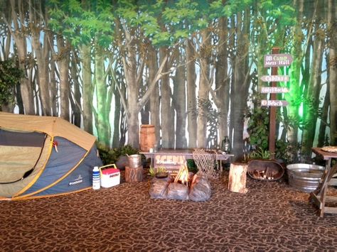 Birthday Party Camping Theme, Party Camping Theme, Camp Out Vbs, Camping Vbs, Birthday Party Camping, Vbs Shipwrecked, Camp Vbs, Post Prom, Camping Scene