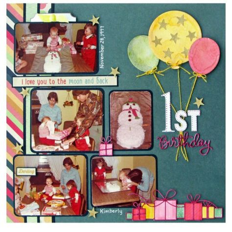 Birthday Birthday Scrapbook Pages, Calligraphy Markers, Heart Theme, Big Shot Machine, Scrapbook Titles, Birthday Scrapbook, Cake Shapes, 1 Birthday, Alphabet Stickers