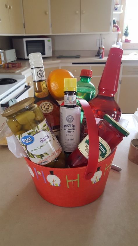 Brandy Old Fashion Gift Basket!  Vanilla Brandy, Old Fashion Mix, Bitters, 7up, cherries, olives, and fresh oranges! Old Fashion Gift Basket, Brandy Old Fashioned, Aromatic Bitters, Auction Ideas, Green Olives, Ketchup Bottle, Old Fashion, Gift Basket, Homemade Gifts