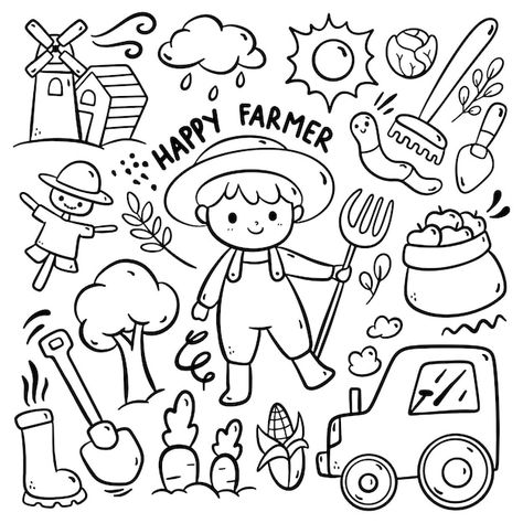 Farmers Market Doodle, Farmer Drawing Easy, Farm Doodles, Farmer Drawing, Cartoon Farmer, Doodle Cake, Books Illustration, Doodle Vector, Kids Doodles