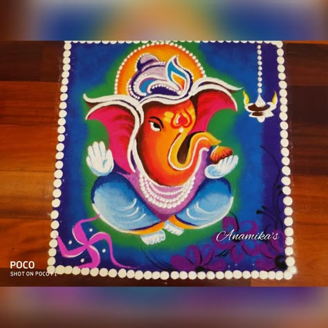 Ganpati Rangoli Designs Latest Unique, Ganesha Rangoli Design Beautiful, Ganesh Rangoli Creative, Ganpati Rangoli Designs Latest, Ganpati Bappa Rangoli Designs, Ganapati Rangoli, Diy Rangoli, Rangoli Competition, Rangoli Painting