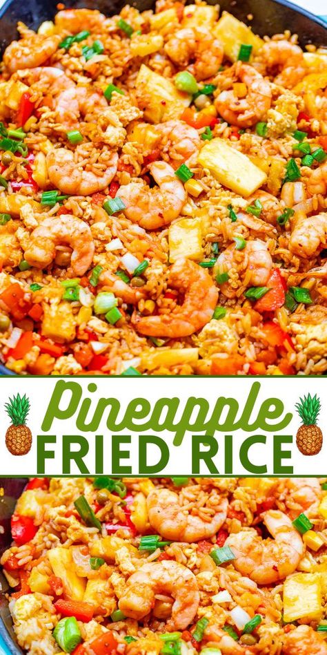 Pineapple Fried Rice - A Hawaiian-inspired shrimp fried rice recipe that's EASY, ready in minutes, and has so much authentic flavor!! A family favorite that's better-than-takeout!! Pineapple Shrimp Fried Rice, Fried Rice With Shrimp, Hawaiian Fried Rice, Pineapple Fried Rice Recipe, Rice With Shrimp, Shrimp Fried Rice Recipe, Pineapple Shrimp, Rice Side Dish Recipes, Pineapple Fried Rice