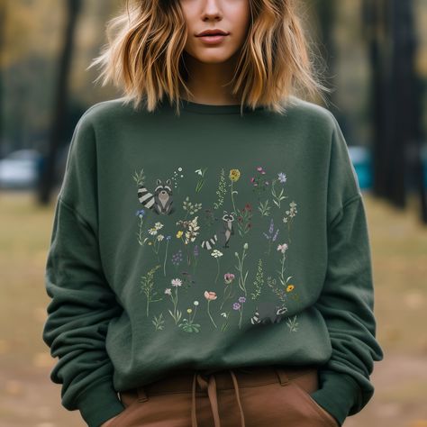 Aesthetic Raccoon, Pressed Flowers Art, Strawberry Sweater, Raccoon Gift, Granola Girl Aesthetic, Art Sweatshirt, Spring 2025, Strawberry Plants, Aesthetic Nature