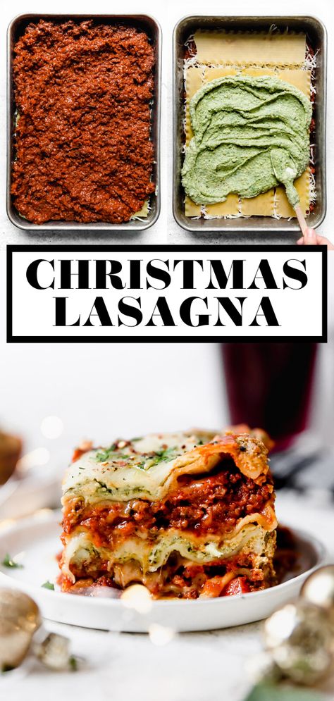 Lasagna With Pesto, Red And Green Dinner Christmas, Christmas Eve Casserole Recipes, Christmas Pasta Bar, Christmas Lasagna Dinner, Christmas Main Course Ideas, Christmas Italian Dinner, Holiday Lasagna, Christmas Eve Lasagna