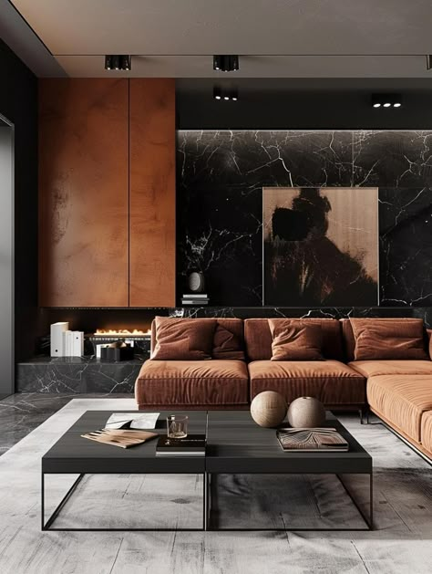 49 Stunning Black and Rust Living Room Ideas - DecorWithEva Black And Rust Living Room, Cozy Masculine Living Room, Rust Living Room, Modern Fireplace Ideas Living Rooms, Living Room Minimal, Masculine Living Room, Living Room Inspiration Board, Masculine Living Rooms, Dark Deco