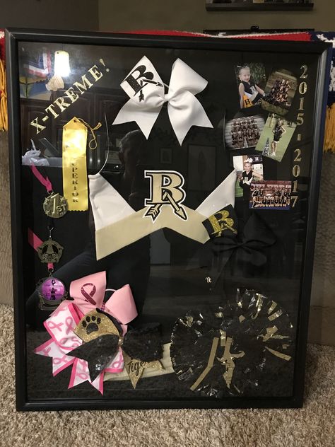 Cheer uniform shadow box Cheer Bow Display Graduation, Uniform Shadow Box Ideas, Cheerleader Shadow Box Ideas, Cheer Bow Shadow Box Ideas, Cheer Uniform Shadow Box Ideas, Cheer Shadow Box Ideas, Sports Shadow Box Ideas, Cheer Uniform Shadow Box, Sports Shadow Boxes